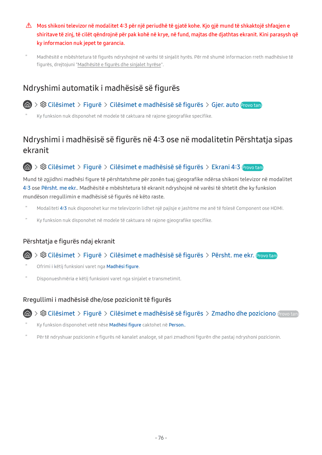 Samsung QE65Q7FAMTXXH manual Ndryshimi automatik i madhësisë së figurës, Përshtatja e figurës ndaj ekranit Cilësimet 