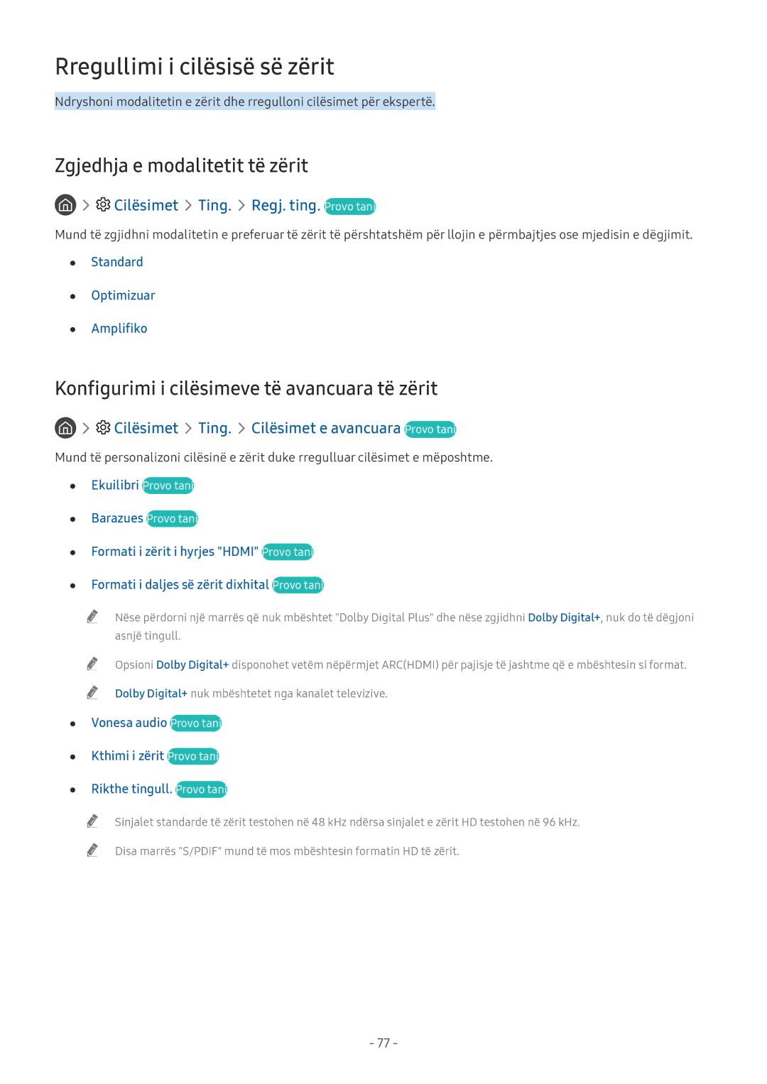 Samsung UE40MU6172UXXH, UE55MU7002TXXH, UE40MU6402UXXH manual Rregullimi i cilësisë së zërit, Zgjedhja e modalitetit të zërit 