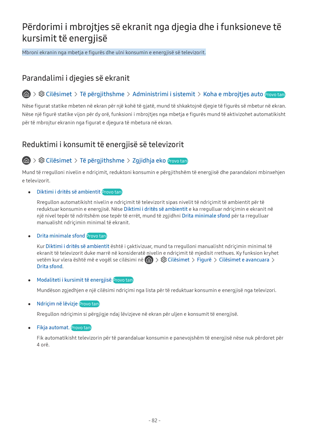 Samsung UE65MU6272UXXH, UE55MU7002TXXH Parandalimi i djegies së ekranit, Reduktimi i konsumit të energjisë së televizorit 