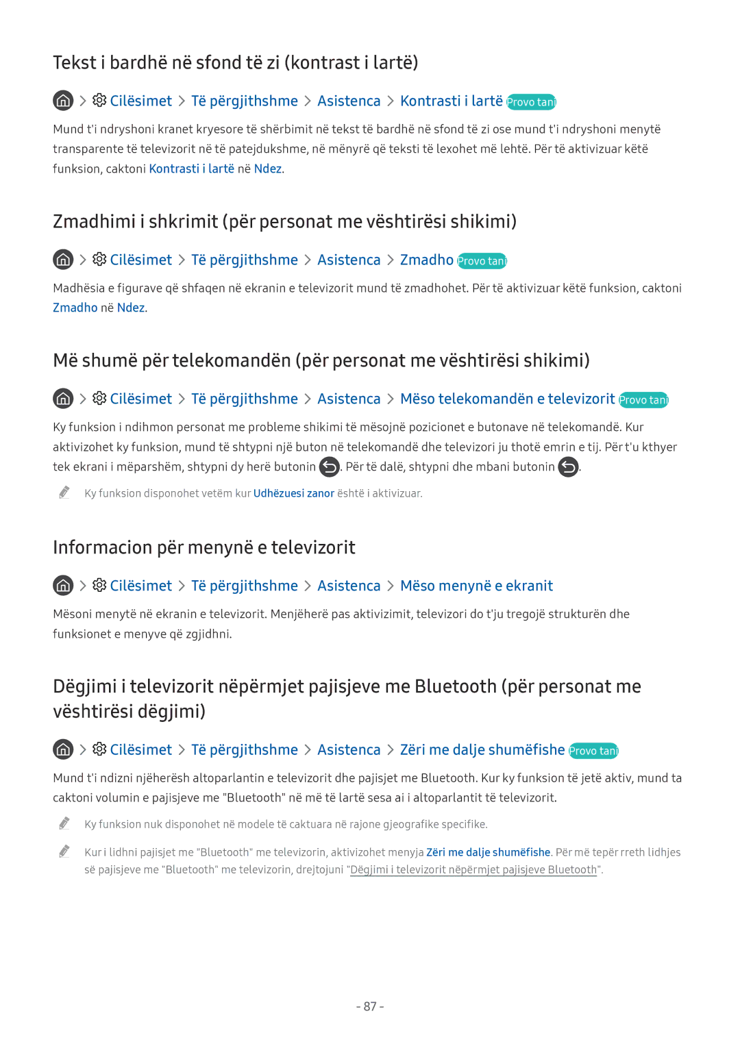 Samsung UE40MU6402UXXH, QE55Q7CAMTXXH Tekst i bardhë në sfond të zi kontrast i lartë, Informacion për menynë e televizorit 