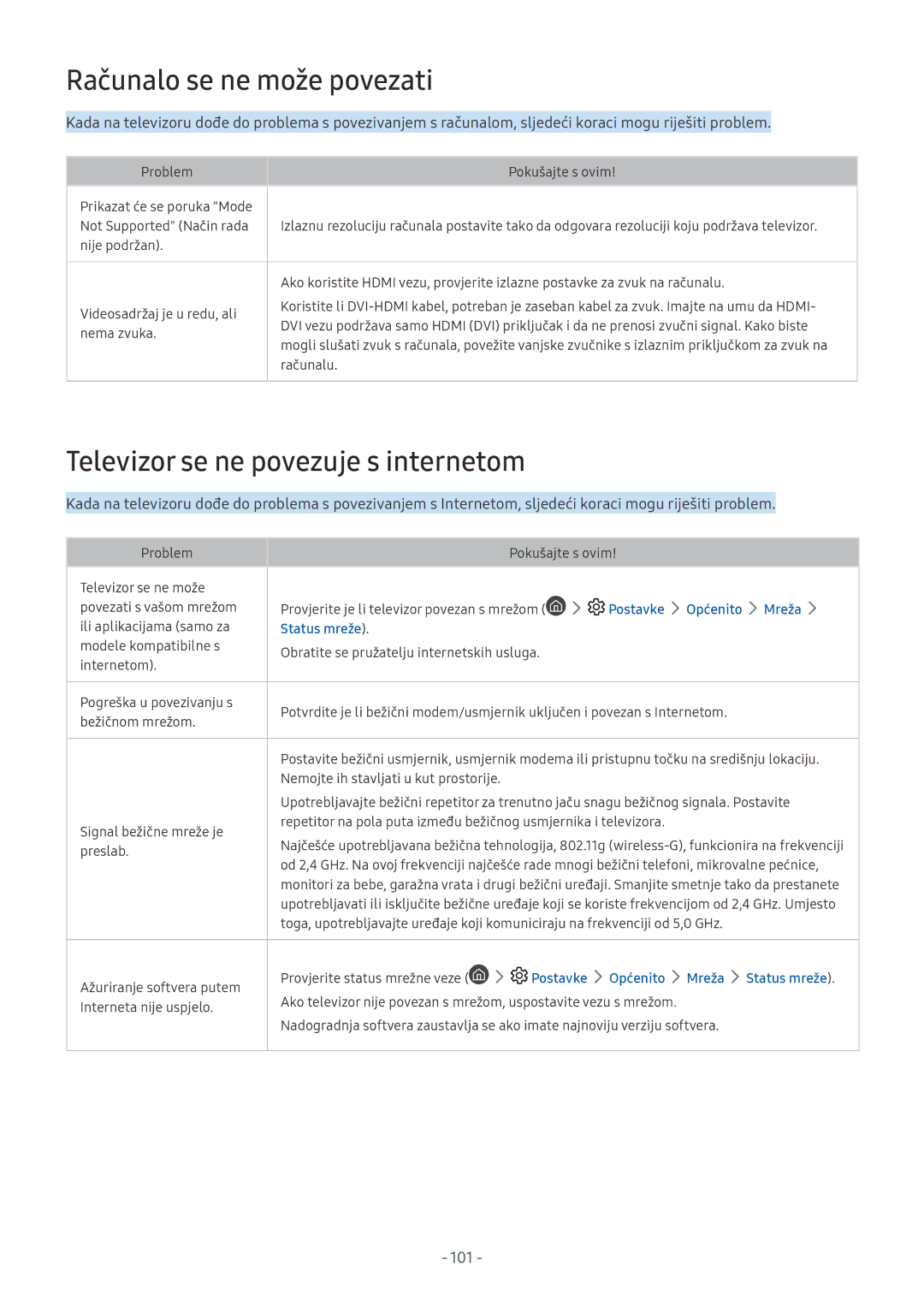 Samsung UE49MU6502UXXH manual Računalo se ne može povezati, Televizor se ne povezuje s internetom, Postavke Općenito Mreža 