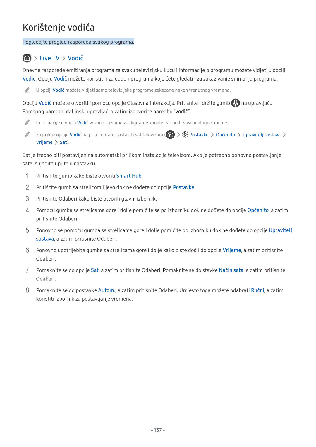 Samsung UE40MU6122KXXH, UE55MU7002TXXH, UE40MU6402UXXH, UE75MU8002TXXH, UE65MU8002TXXH, UE65MU6122KXXH Korištenje vodiča, 137 