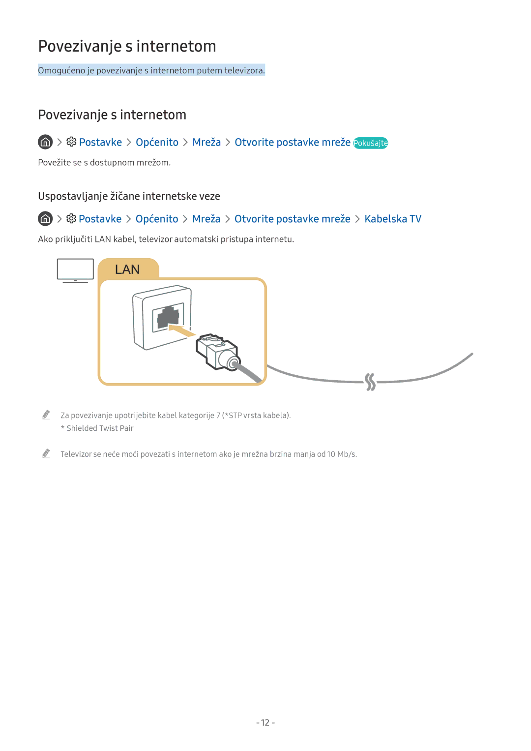 Samsung QE75Q7FAMTXXH, UE55MU7002TXXH manual Povezivanje s internetom, Postavke Općenito Mreža Otvorite postavke mreže 