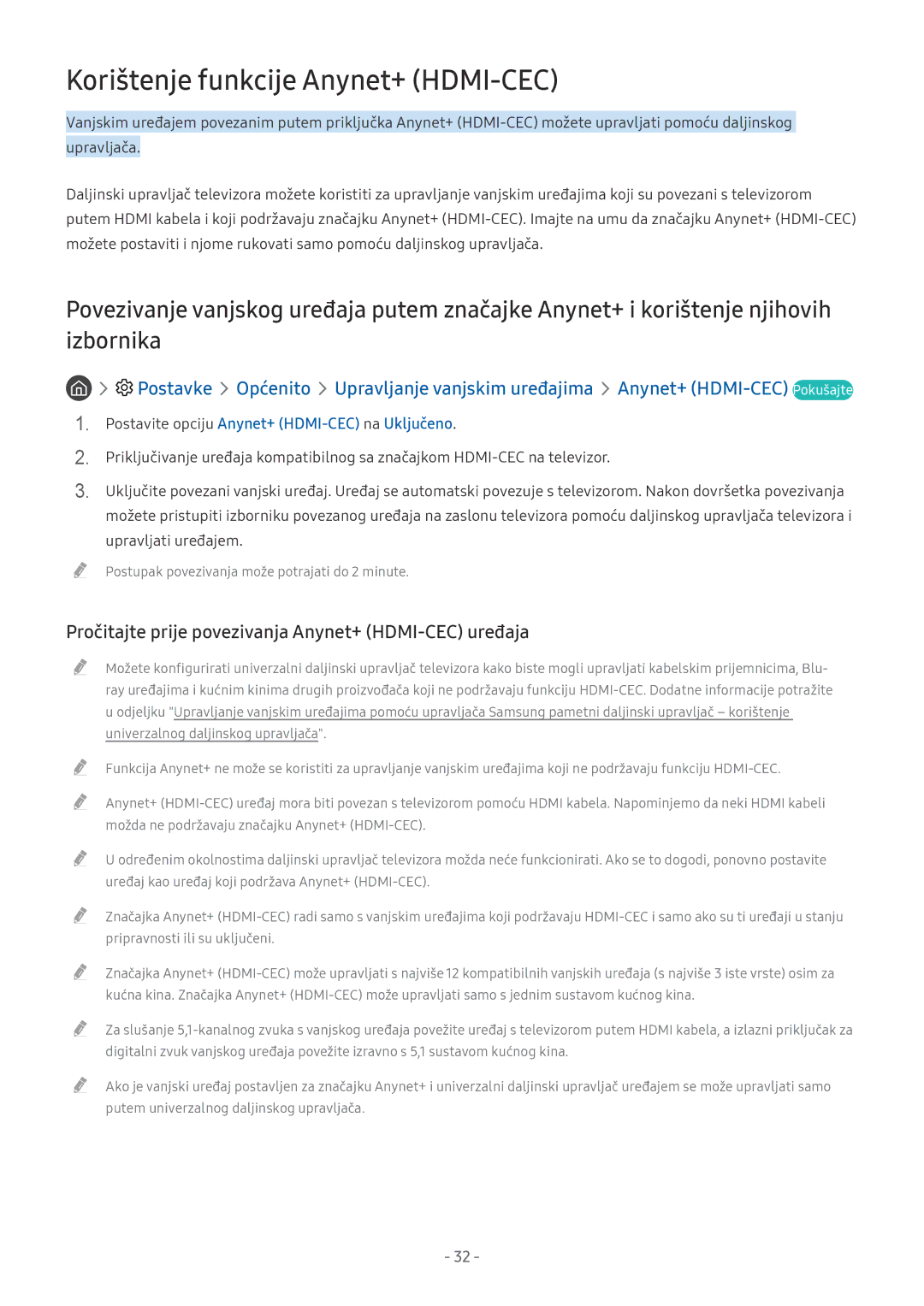 Samsung UE49MU6222KXXH manual Korištenje funkcije Anynet+ HDMI-CEC, Pročitajte prije povezivanja Anynet+ HDMI-CEC uređaja 