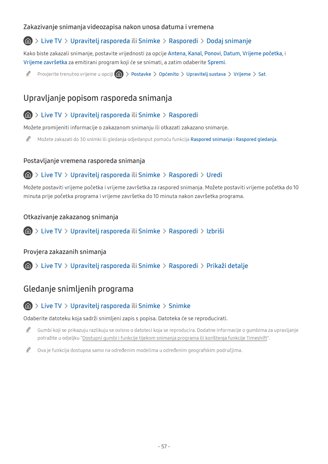 Samsung UE43MU6122KXXH, UE55MU7002TXXH, UE40MU6402UXXH Upravljanje popisom rasporeda snimanja, Gledanje snimljenih programa 