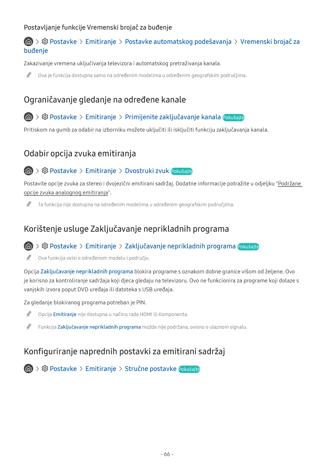 Samsung UE49MU6402UXXH, UE55MU7002TXXH manual Ograničavanje gledanje na određene kanale, Odabir opcija zvuka emitiranja 