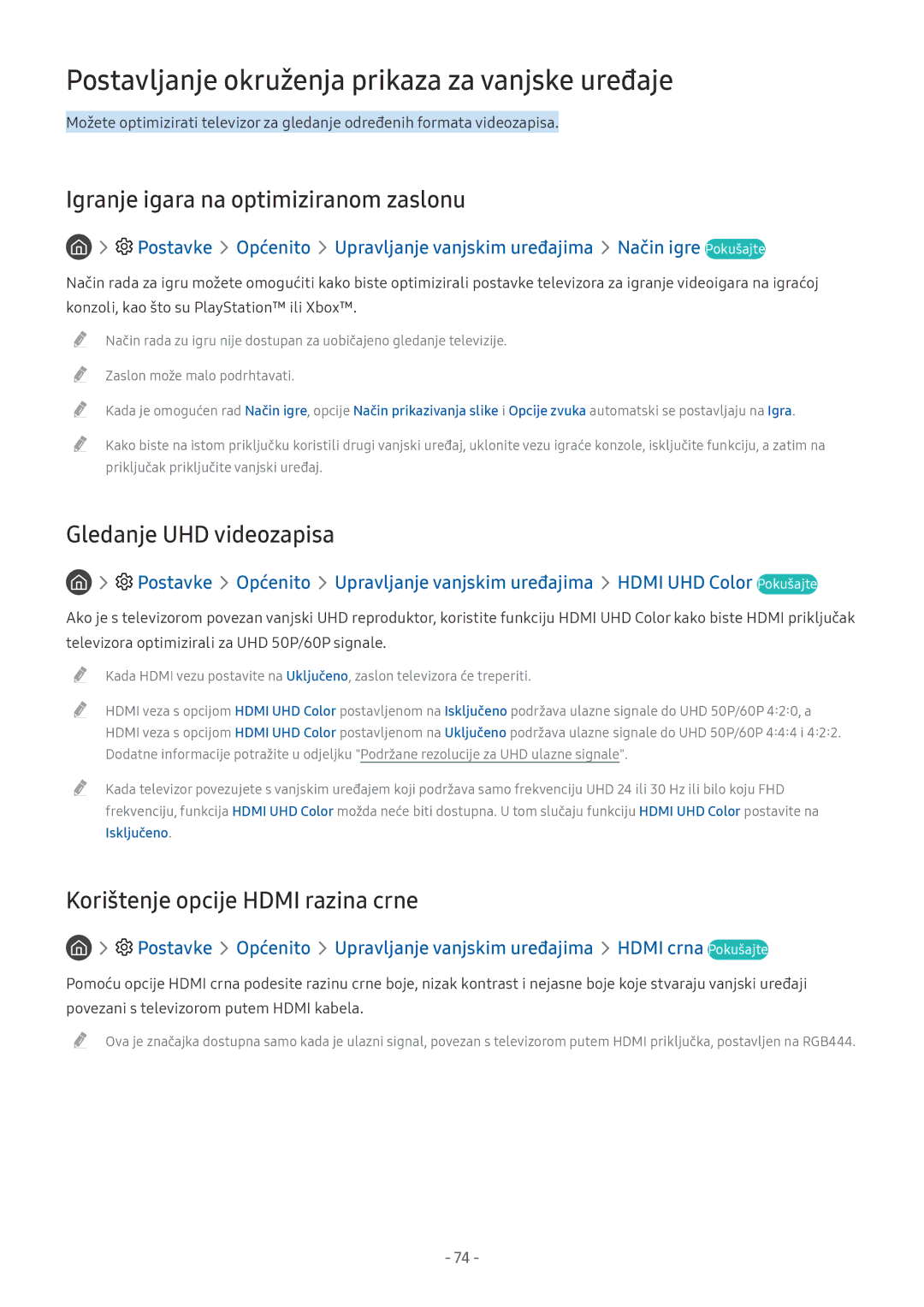 Samsung UE75MU6122KXXH manual Postavljanje okruženja prikaza za vanjske uređaje, Igranje igara na optimiziranom zaslonu 