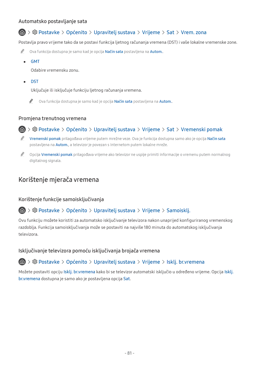 Samsung QE75Q8CAMTXXH manual Korištenje mjerača vremena, Postavke Općenito Upravitelj sustava Vrijeme Sat Vrem. zona 