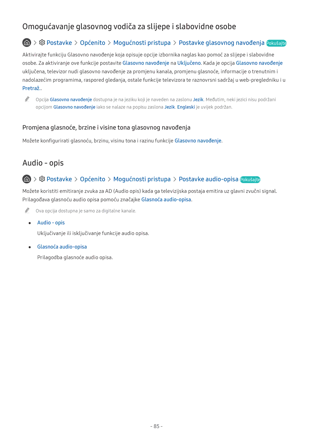Samsung UE49MU6172UXXH, UE55MU7002TXXH manual Omogućavanje glasovnog vodiča za slijepe i slabovidne osobe, Audio opis 