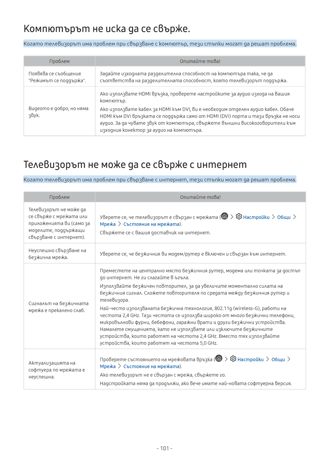 Samsung UE65MU6272UXXH, UE55MU7002TXXH manual Компютърът не иска да се свърже, Телевизорът не може да се свърже с интернет 
