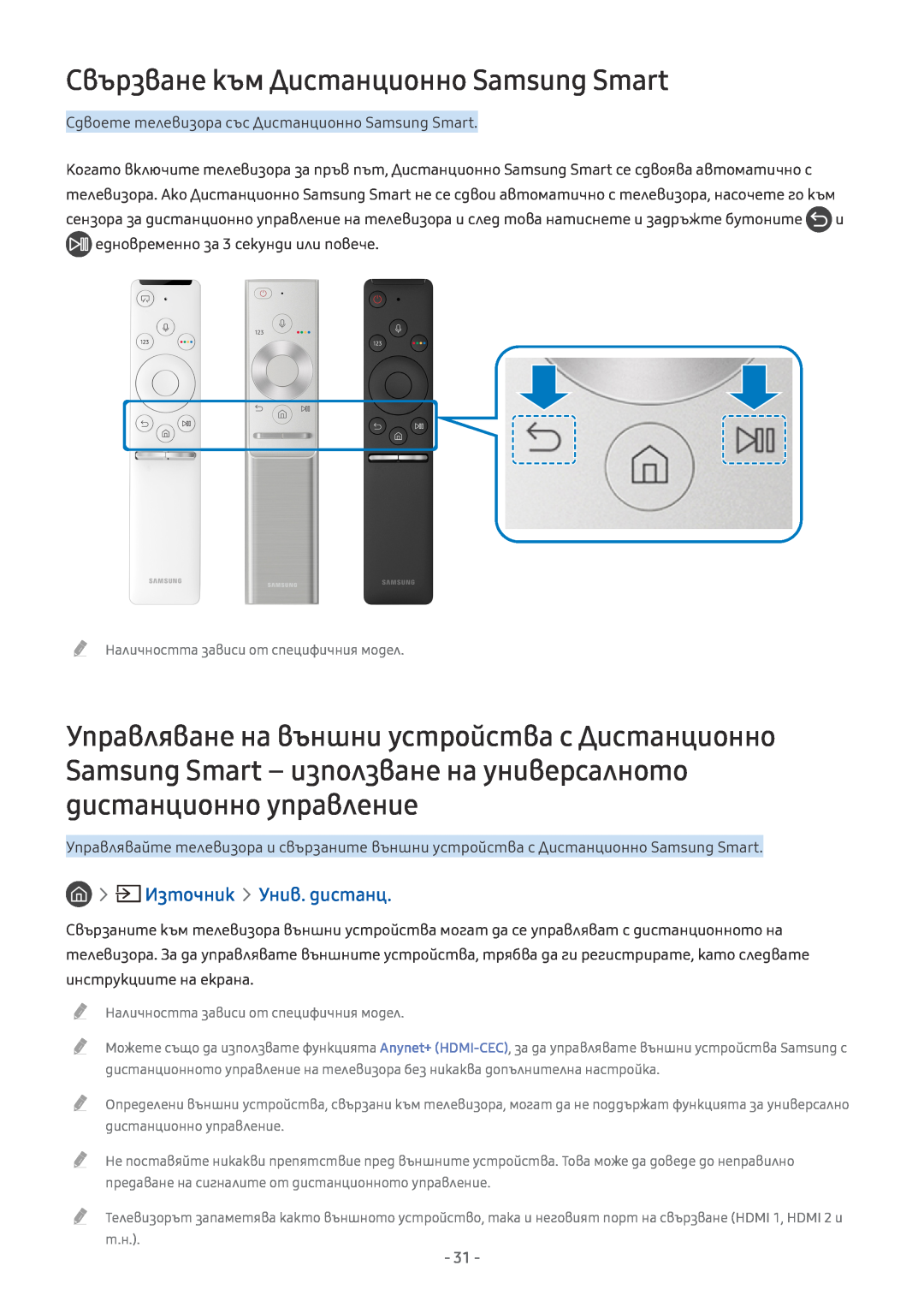 Samsung UE40MU6472UXXH, UE55MU7002TXXH, UE40MU6402UXXH Свързване към Дистанционно Samsung Smart, Източник Унив. дистанц 