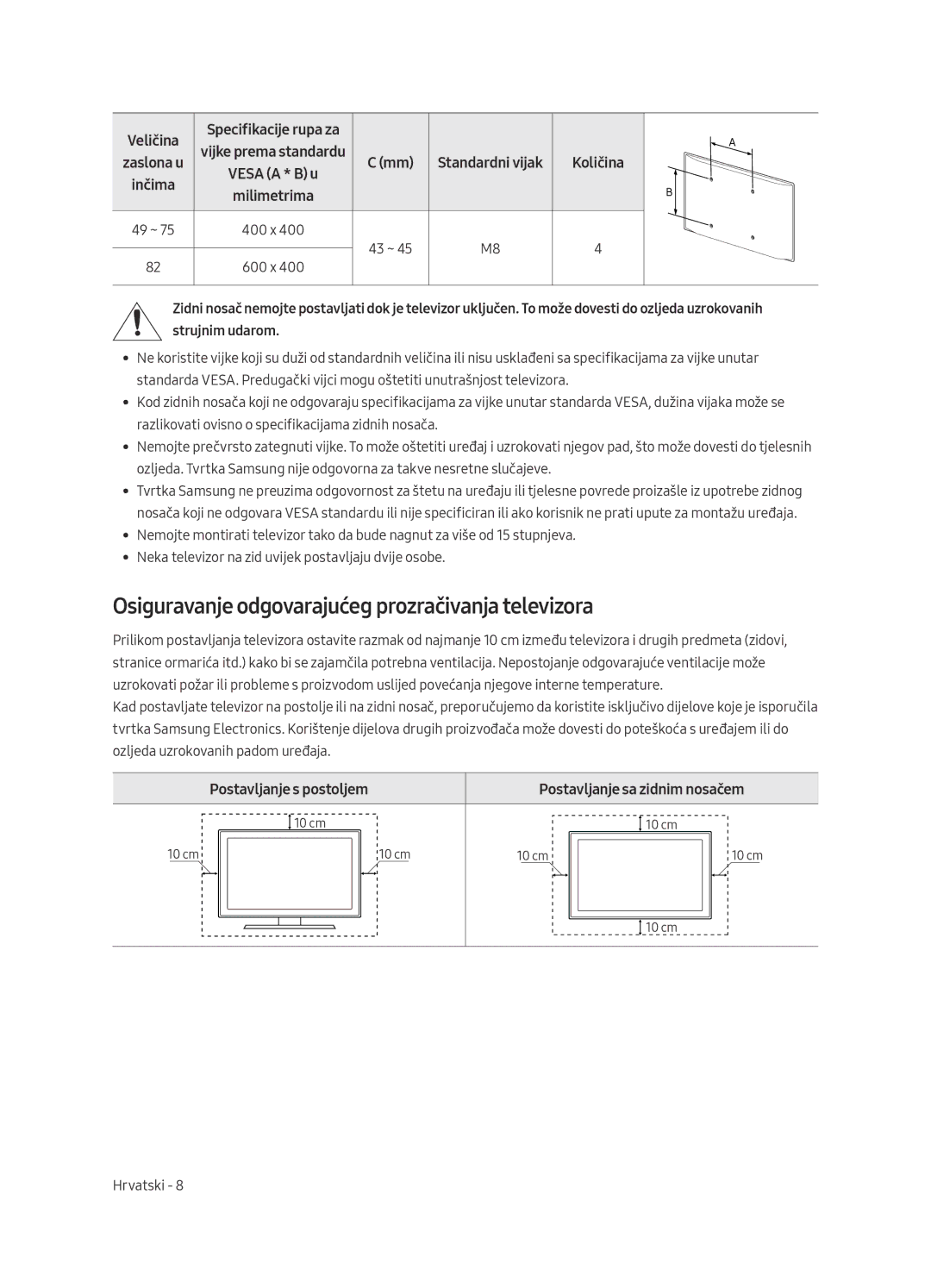 Samsung UE82MU7002TXXH, UE55MU7002TXXH manual Osiguravanje odgovarajućeg prozračivanja televizora, Postavljanje s postoljem 