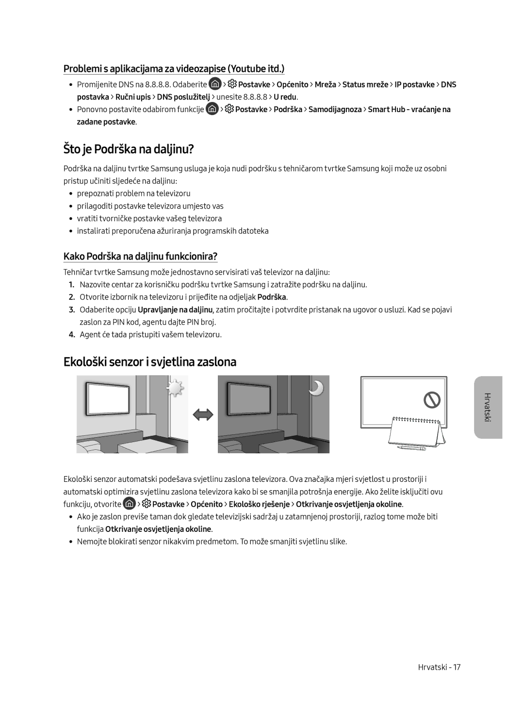 Samsung UE49MU7002TXXH, UE55MU7002TXXH, UE75MU7002TXXH manual Što je Podrška na daljinu?, Ekološki senzor i svjetlina zaslona 