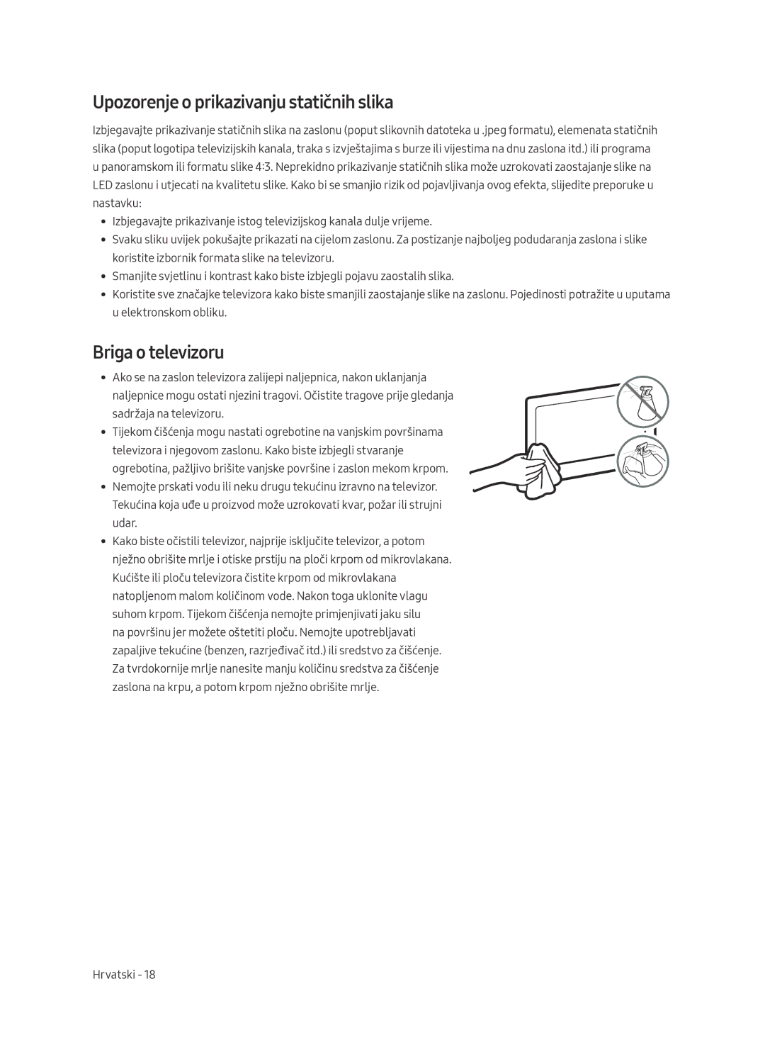 Samsung UE82MU7002TXXH, UE55MU7002TXXH, UE75MU7002TXXH manual Upozorenje o prikazivanju statičnih slika, Briga o televizoru 