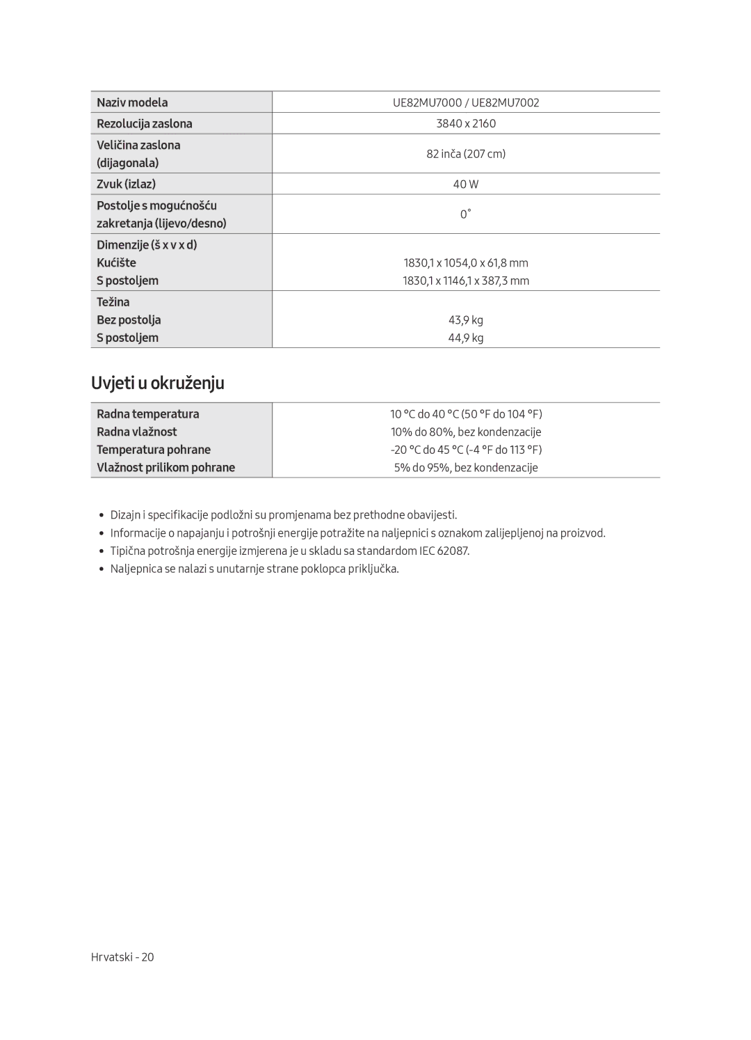 Samsung UE55MU7002TXXH, UE75MU7002TXXH, UE49MU7002TXXH, UE82MU7002TXXH manual Uvjeti u okruženju, UE82MU7000 / UE82MU7002 