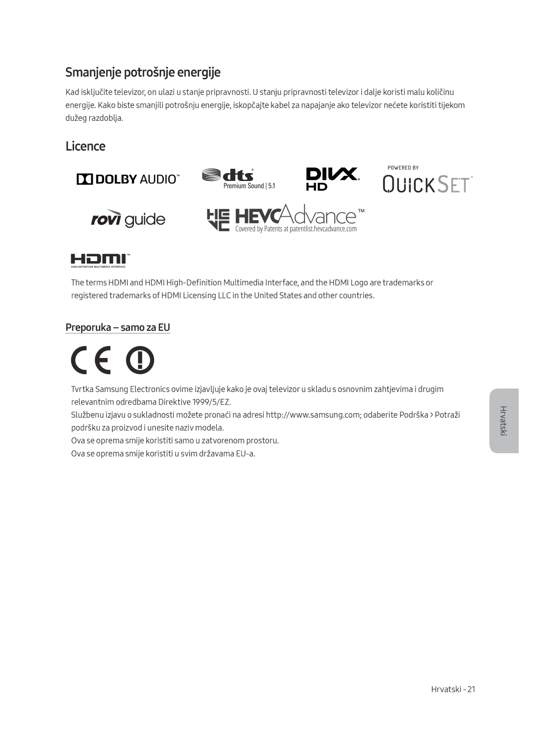 Samsung UE75MU7002TXXH, UE55MU7002TXXH, UE49MU7002TXXH manual Smanjenje potrošnje energije, Licence, Preporuka samo za EU 