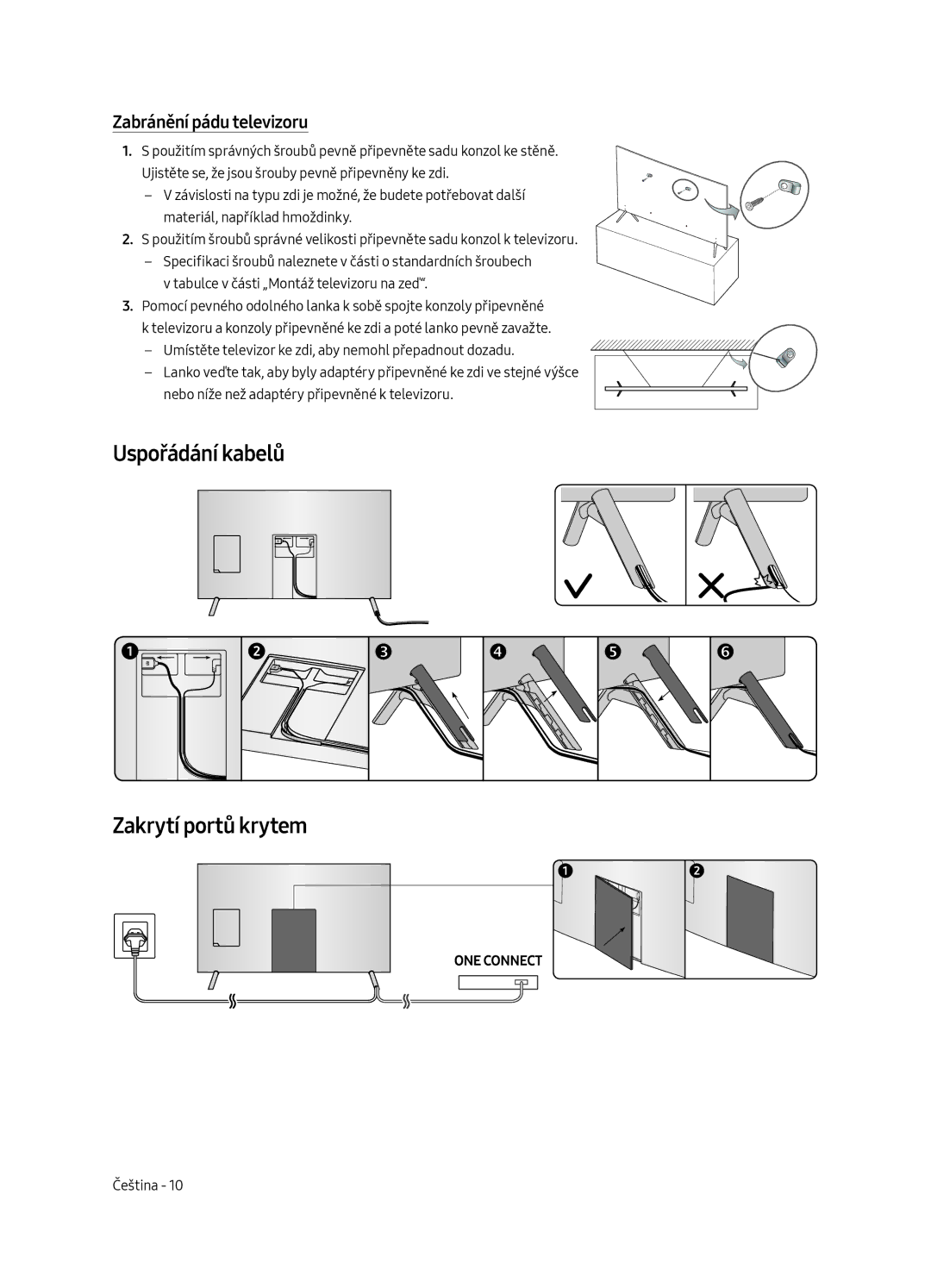 Samsung UE49MU7002TXXH, UE55MU7002TXXH, UE75MU7002TXXH Uspořádání kabelů Zakrytí portů krytem, Zabránění pádu televizoru 