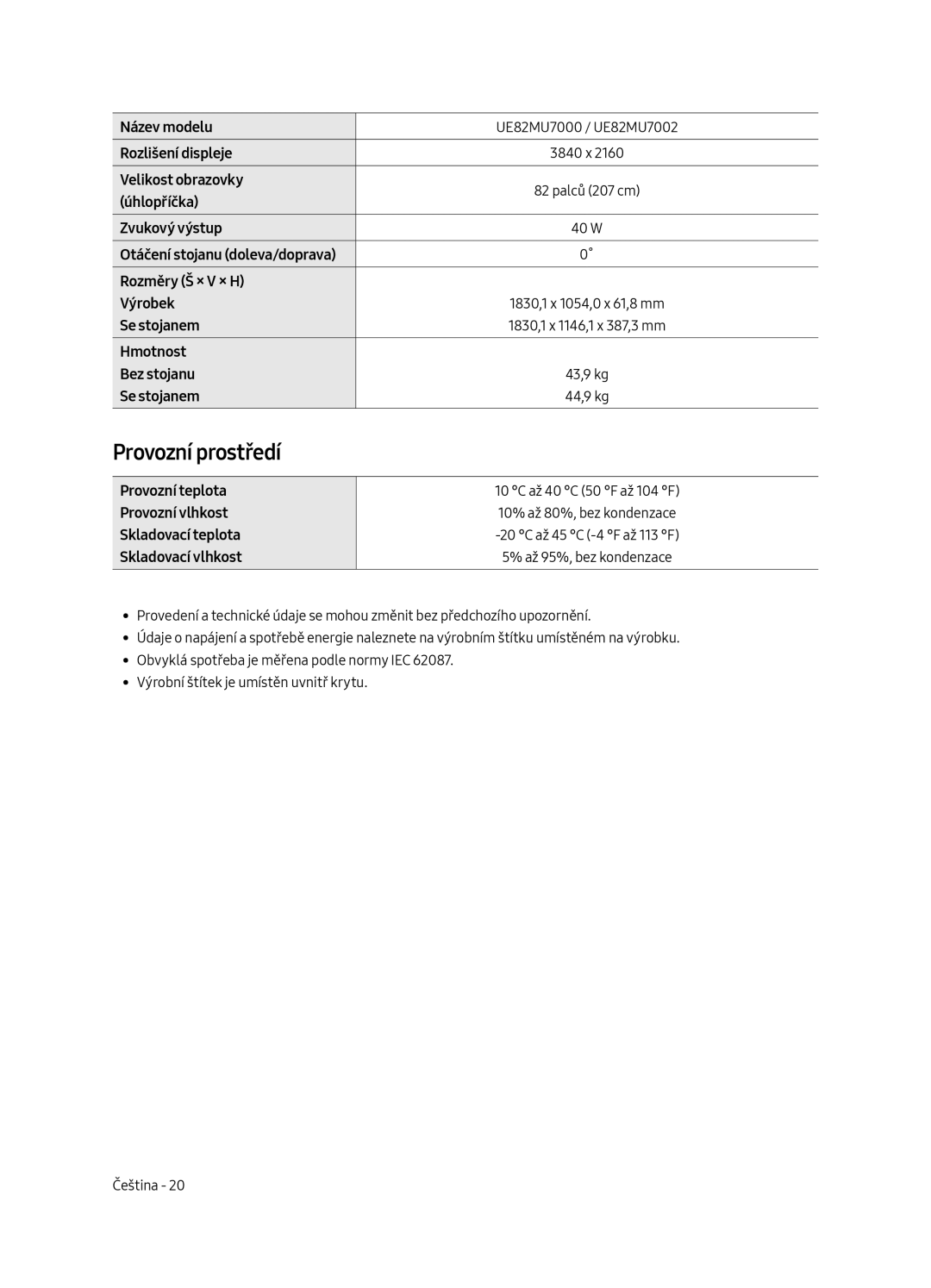 Samsung UE49MU7002TXXH, UE55MU7002TXXH, UE75MU7002TXXH, UE82MU7002TXXH manual Provozní prostředí, UE82MU7000 / UE82MU7002 