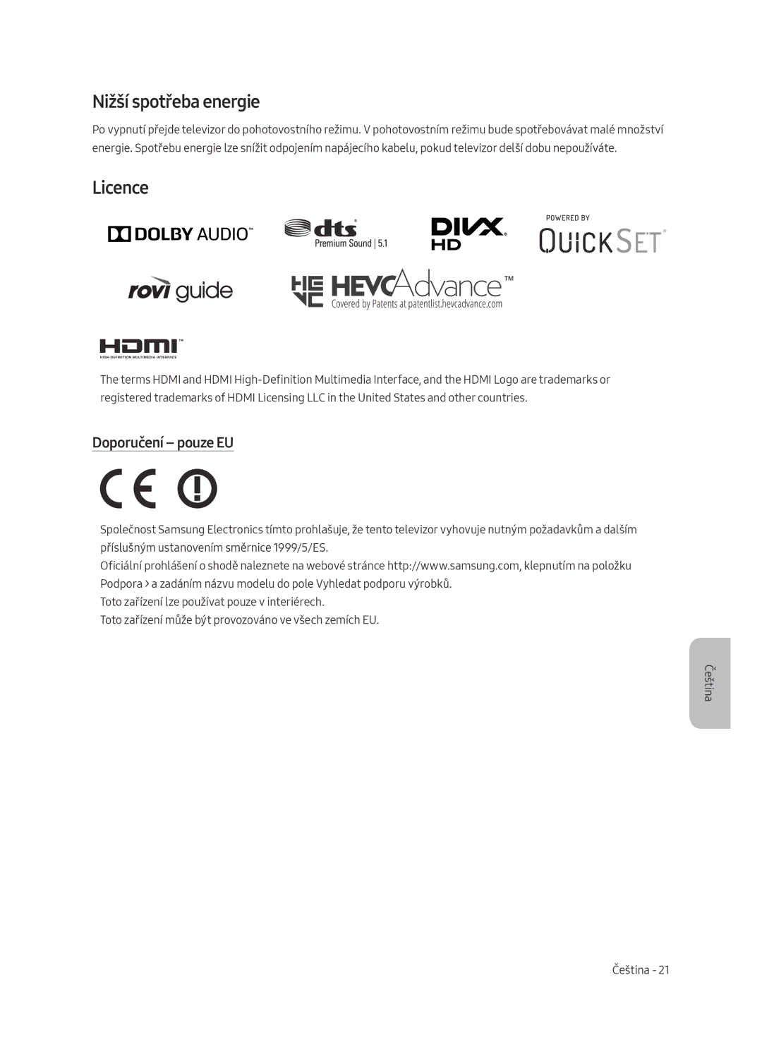 Samsung UE82MU7002TXXH, UE55MU7002TXXH, UE75MU7002TXXH, UE49MU7002TXXH manual Nižší spotřeba energie, Doporučení pouze EU 