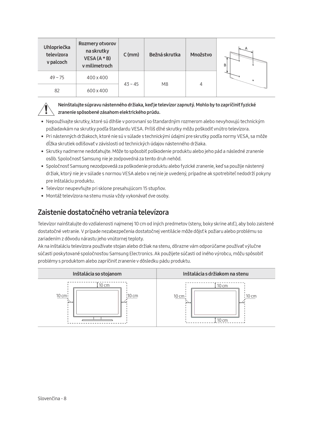 Samsung UE49MU7002TXXH Zaistenie dostatočného vetrania televízora, Inštalácia so stojanom, Inštalácia s držiakom na stenu 