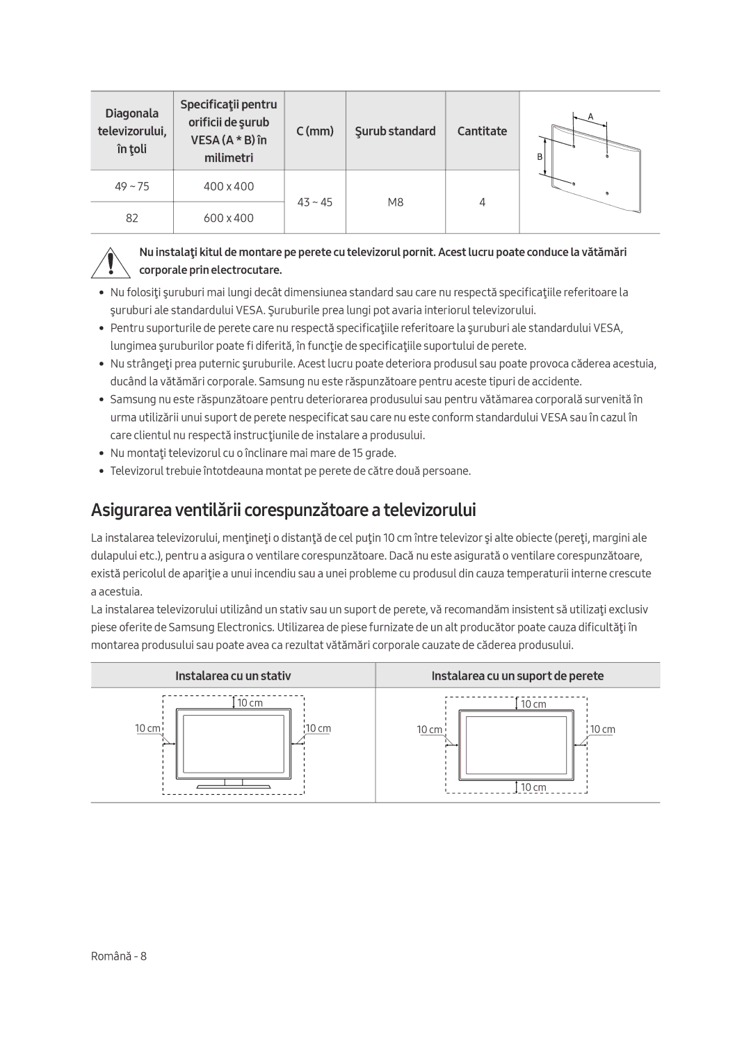 Samsung UE65MU7002TXXH manual Asigurarea ventilării corespunzătoare a televizorului, Instalarea cu un stativ, Diagonala 