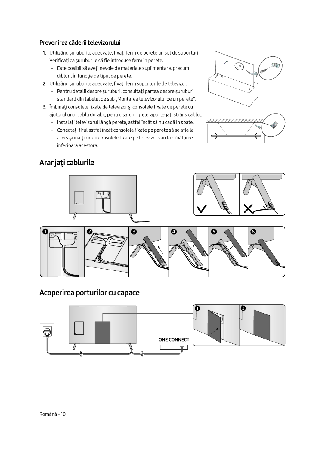 Samsung UE75MU7002TXXH manual Aranjaţi cablurile Acoperirea porturilor cu capace, Prevenirea căderii televizorului 