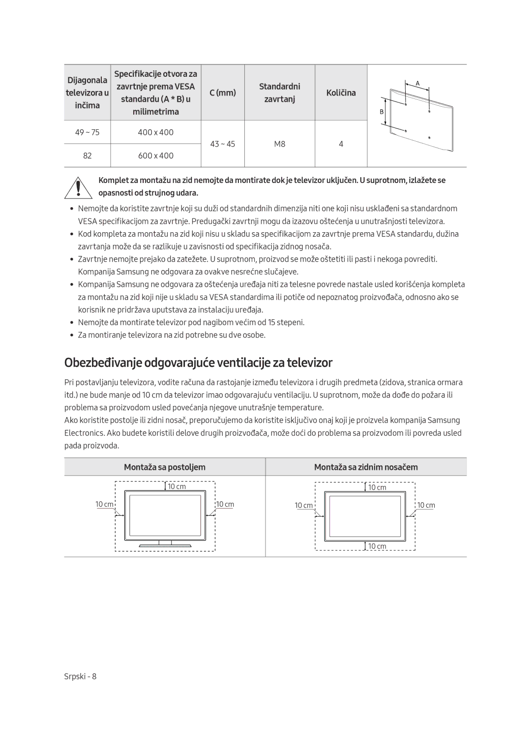 Samsung UE75MU7002TXXH Obezbeđivanje odgovarajuće ventilacije za televizor, Montaža sa postoljem Montaža sa zidnim nosačem 