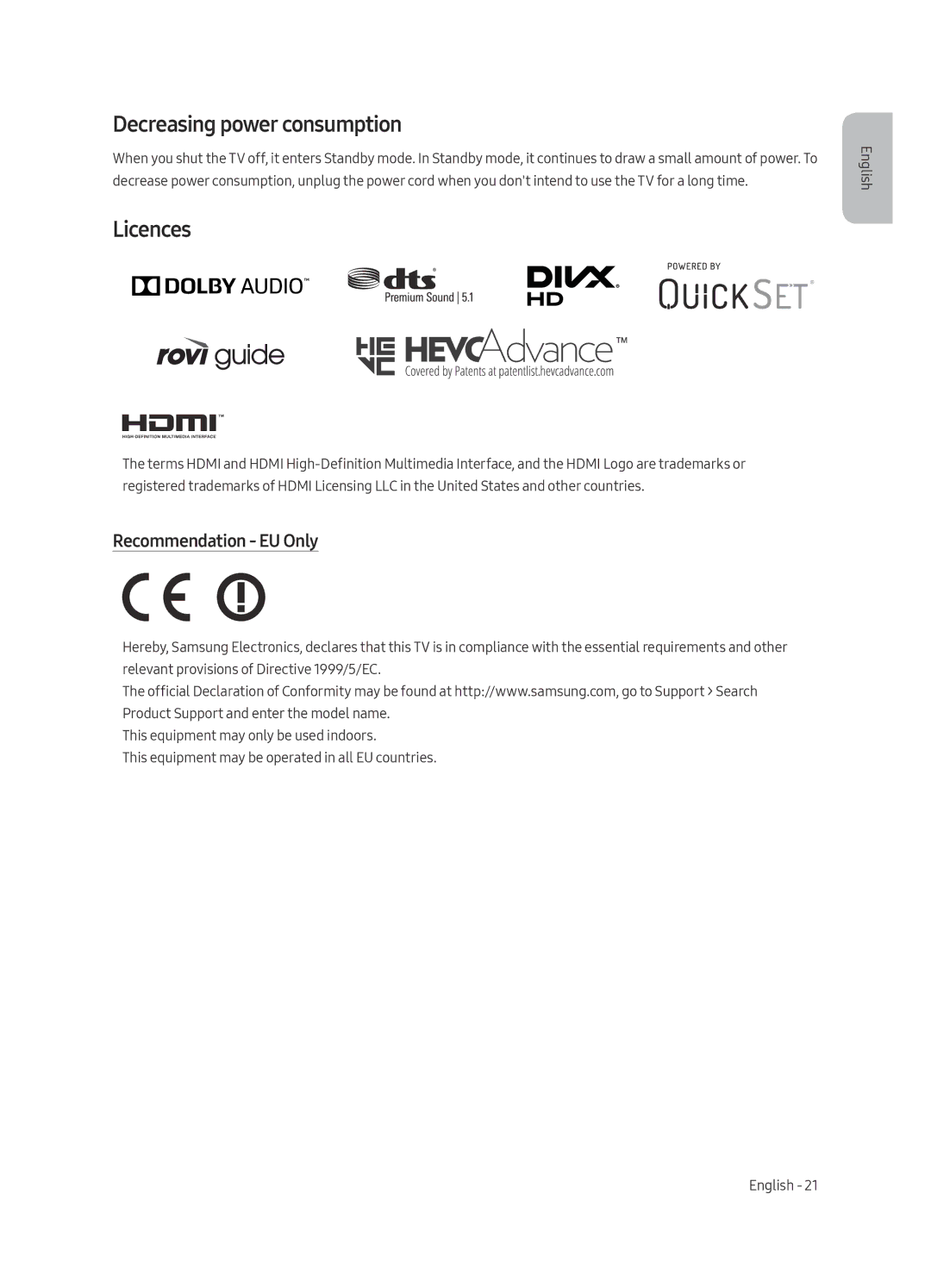 Samsung UE75MU7002TXXH, UE55MU7002TXXH, UE49MU7002TXXH manual Decreasing power consumption, Licences, Recommendation EU Only 