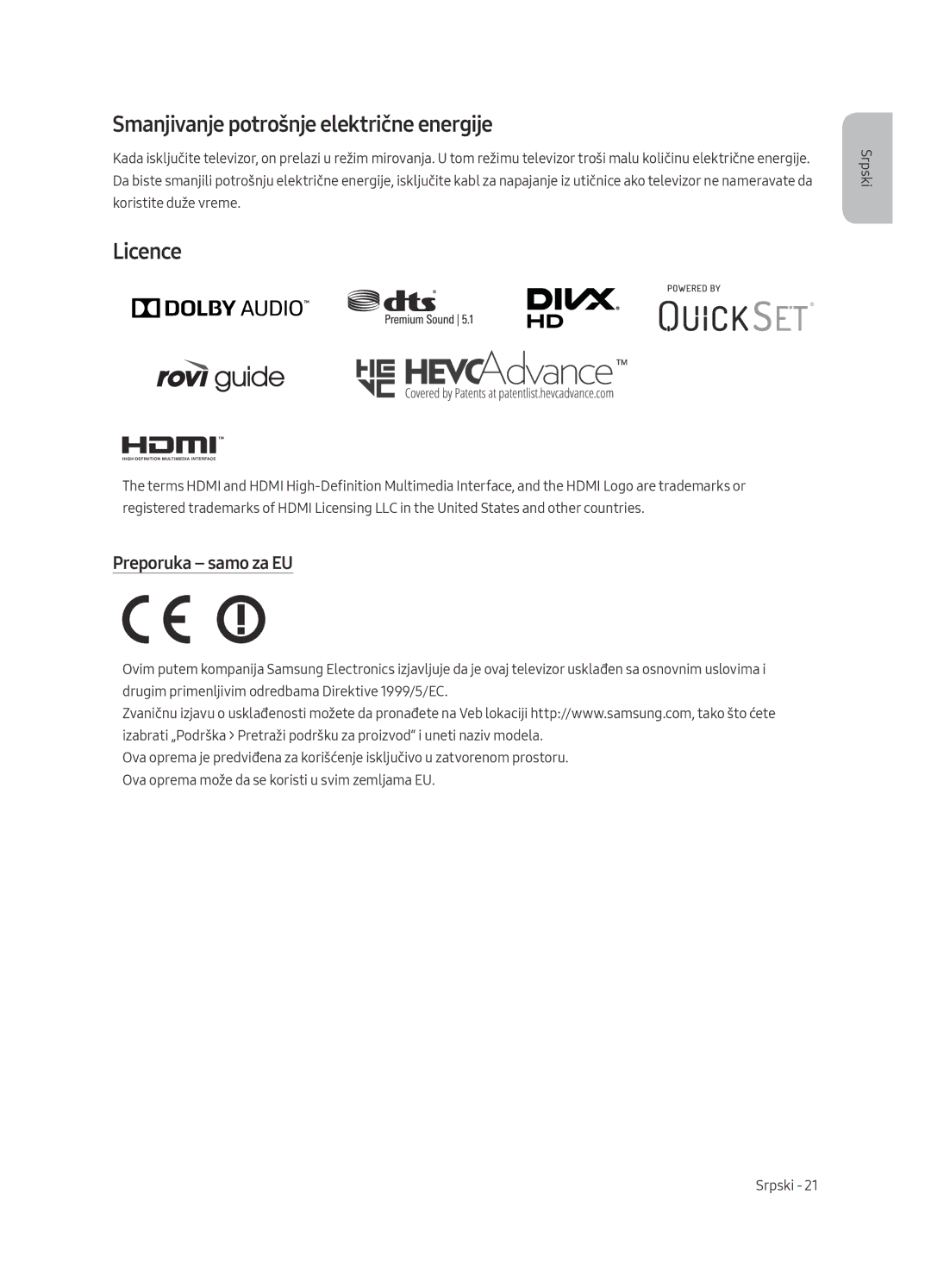 Samsung UE65MU7002TXXH, UE55MU7002TXXH, UE75MU7002TXXH, UE49MU7002TXXH Smanjivanje potrošnje električne energije, Licence 