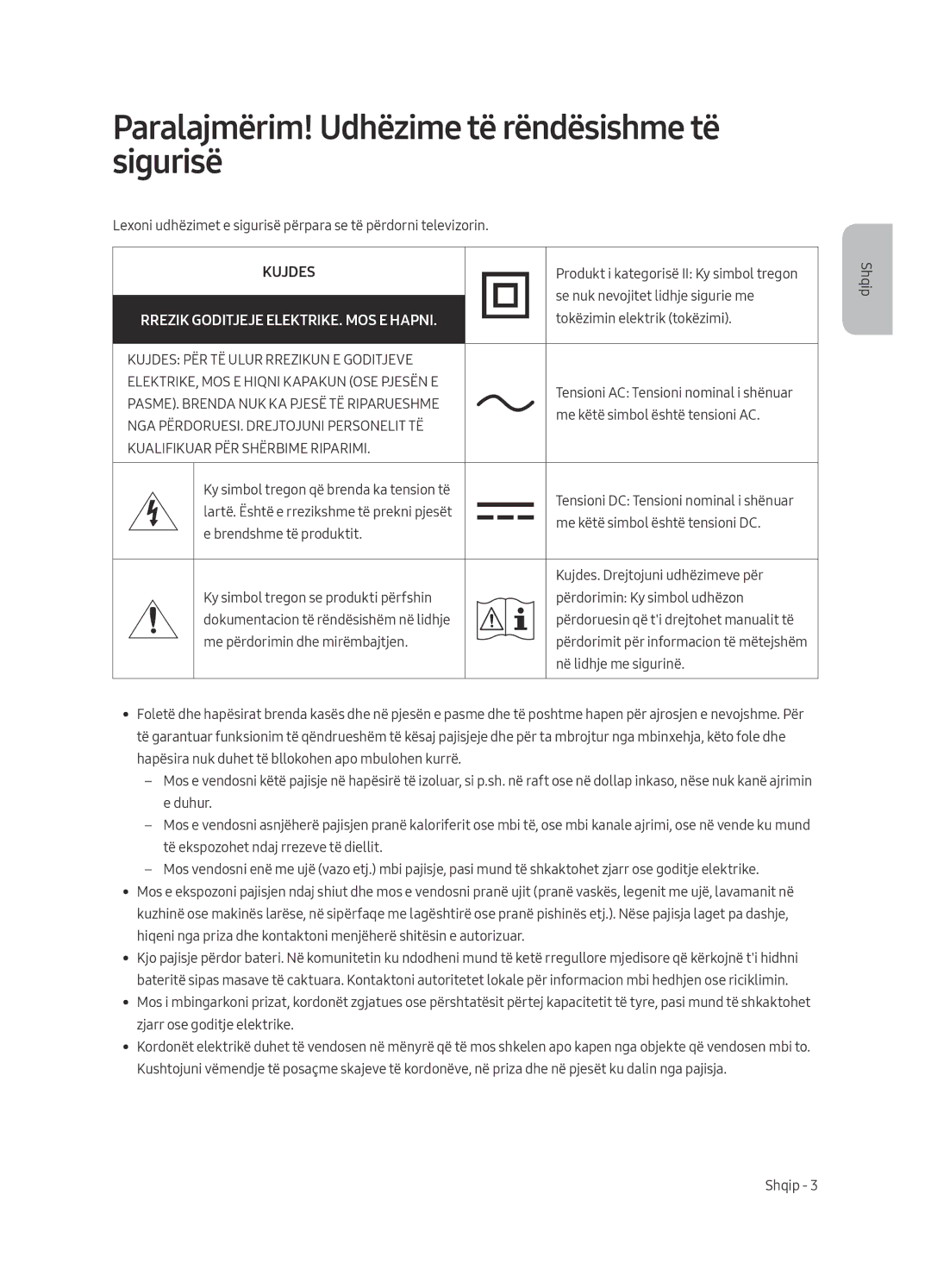 Samsung UE82MU7002TXXH, UE55MU7002TXXH, UE75MU7002TXXH manual Paralajmërim! Udhëzime të rëndësishme të sigurisë, Kujdes 