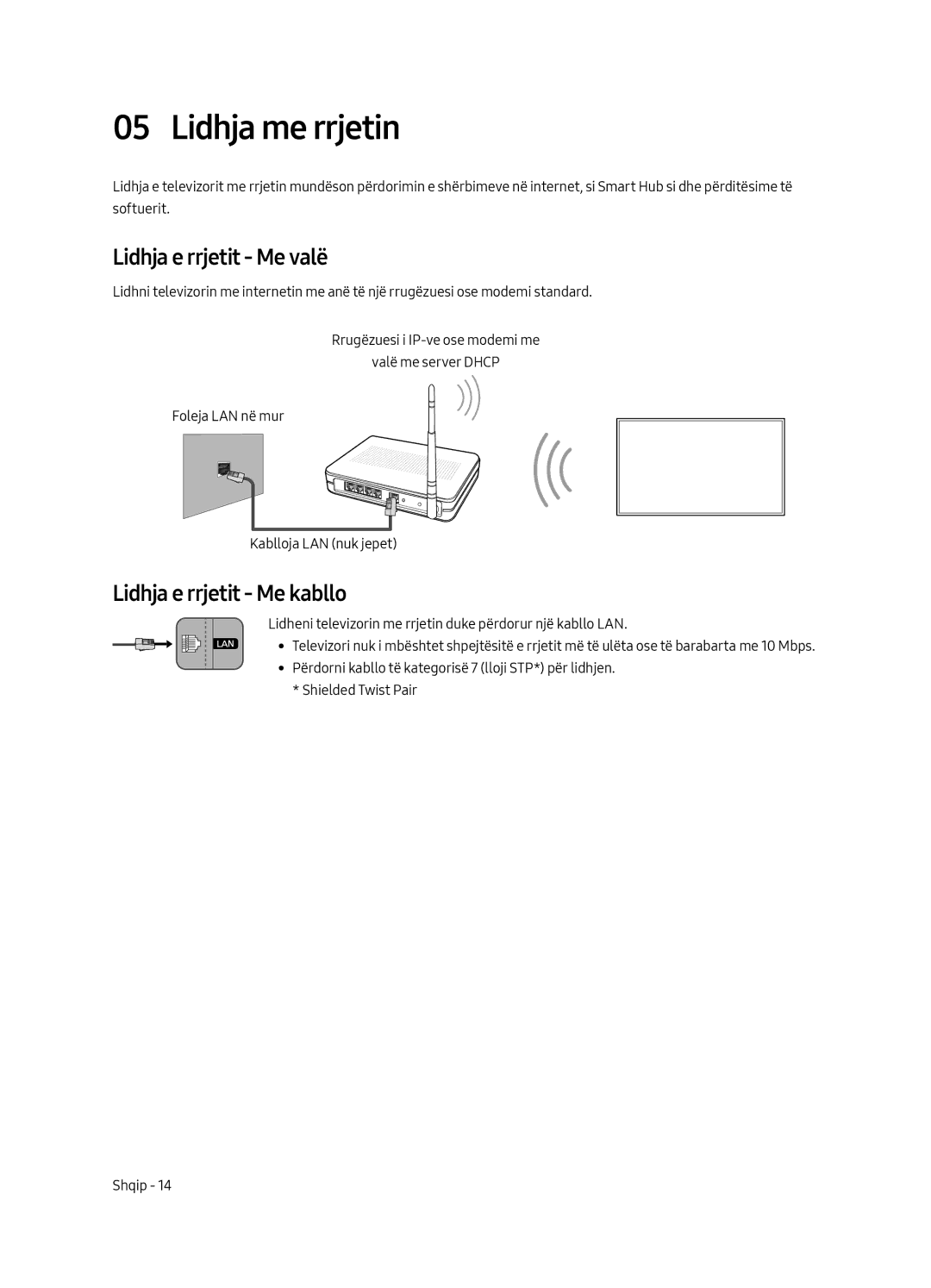 Samsung UE65MU7002TXXH, UE55MU7002TXXH manual Lidhja me rrjetin, Lidhja e rrjetit Me valë, Lidhja e rrjetit Me kabllo 