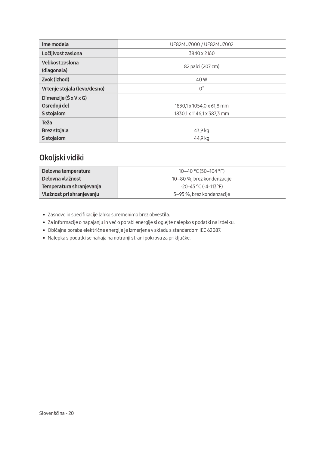 Samsung UE65MU7002TXXH, UE55MU7002TXXH, UE75MU7002TXXH, UE49MU7002TXXH manual Okoljski vidiki, UE82MU7000 / UE82MU7002 