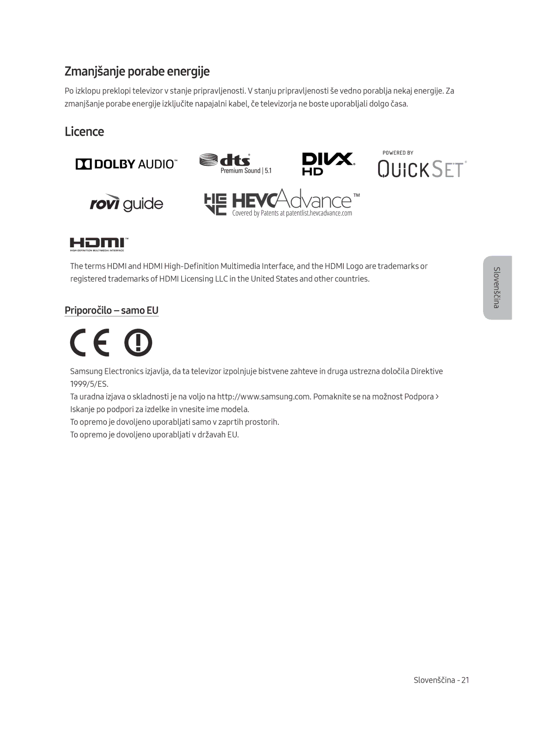 Samsung UE55MU7002TXXH, UE75MU7002TXXH, UE49MU7002TXXH, UE82MU7002TXXH manual Zmanjšanje porabe energije, Priporočilo samo EU 