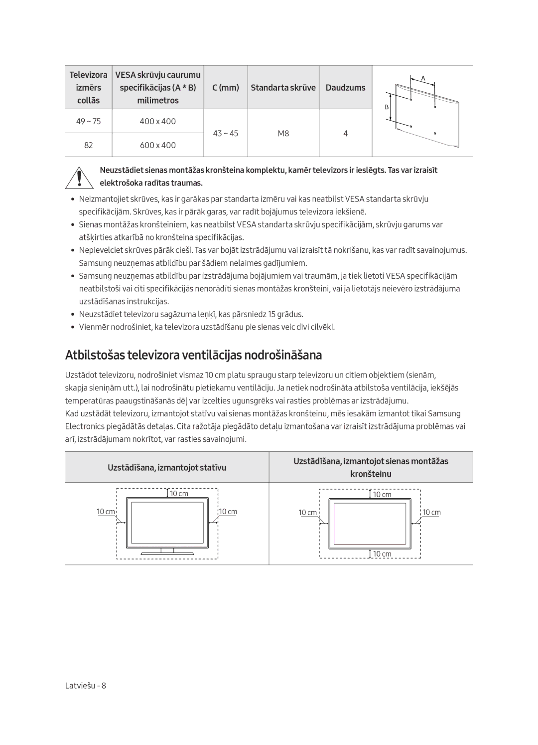 Samsung UE65MU7002TXXH, UE55MU7002TXXH Atbilstošas televizora ventilācijas nodrošināšana, Uzstādīšana, izmantojot statīvu 