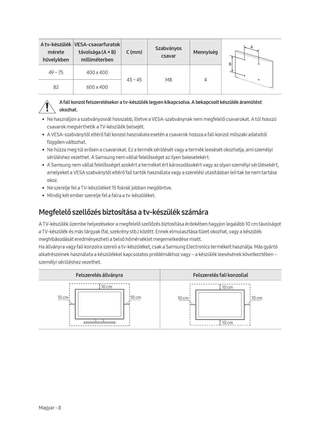 Samsung UE55MU7002TXXH manual Megfelelő szellőzés biztosítása a tv-készülék számára, 49 ~ 400 x 43 ~ 600 x, Okozhat 