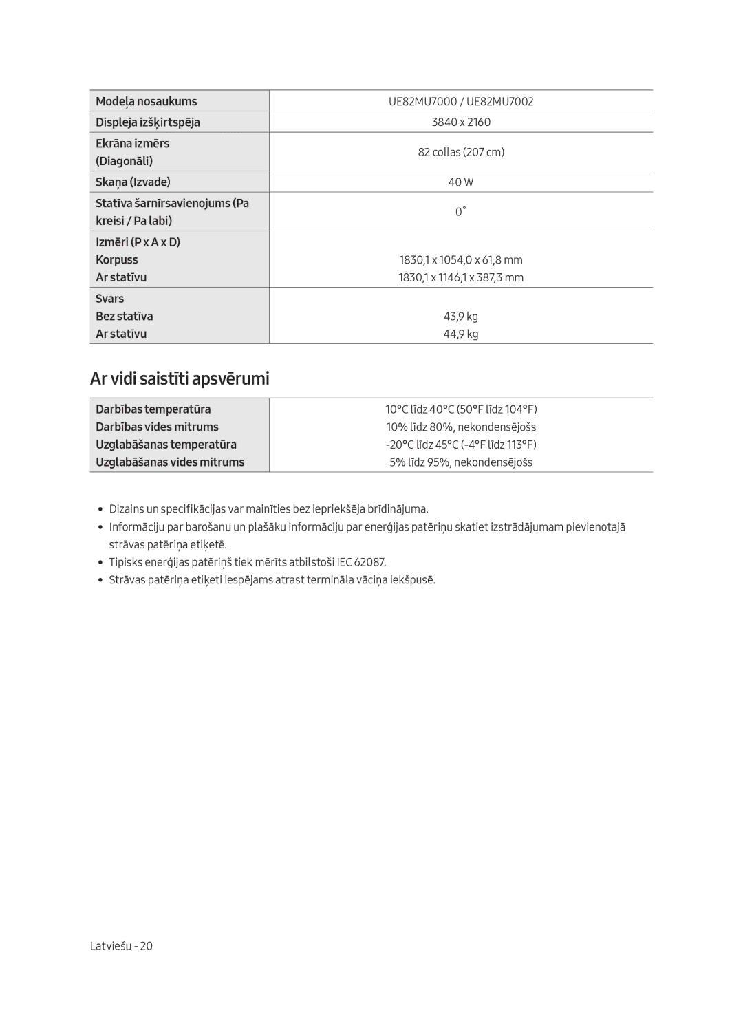 Samsung UE75MU7002TXXH, UE55MU7002TXXH, UE49MU7002TXXH, UE82MU7002TXXH Ar vidi saistīti apsvērumi, UE82MU7000 / UE82MU7002 