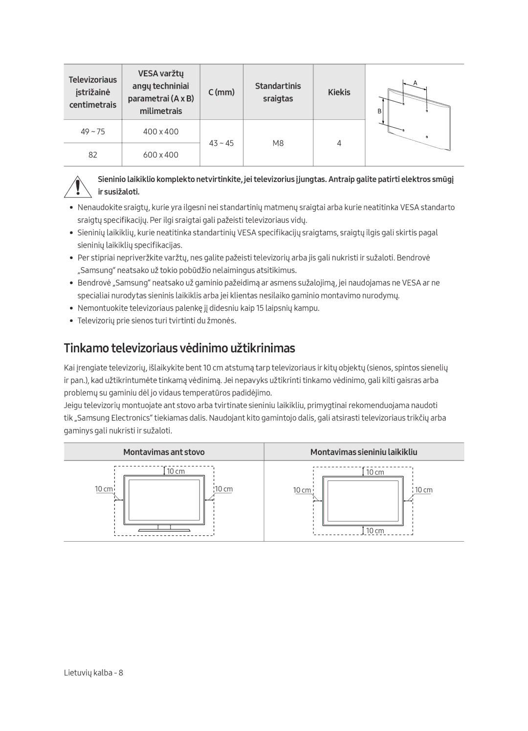 Samsung UE75MU7002TXXH Tinkamo televizoriaus vėdinimo užtikrinimas, Montavimas ant stovo Montavimas sieniniu laikikliu 