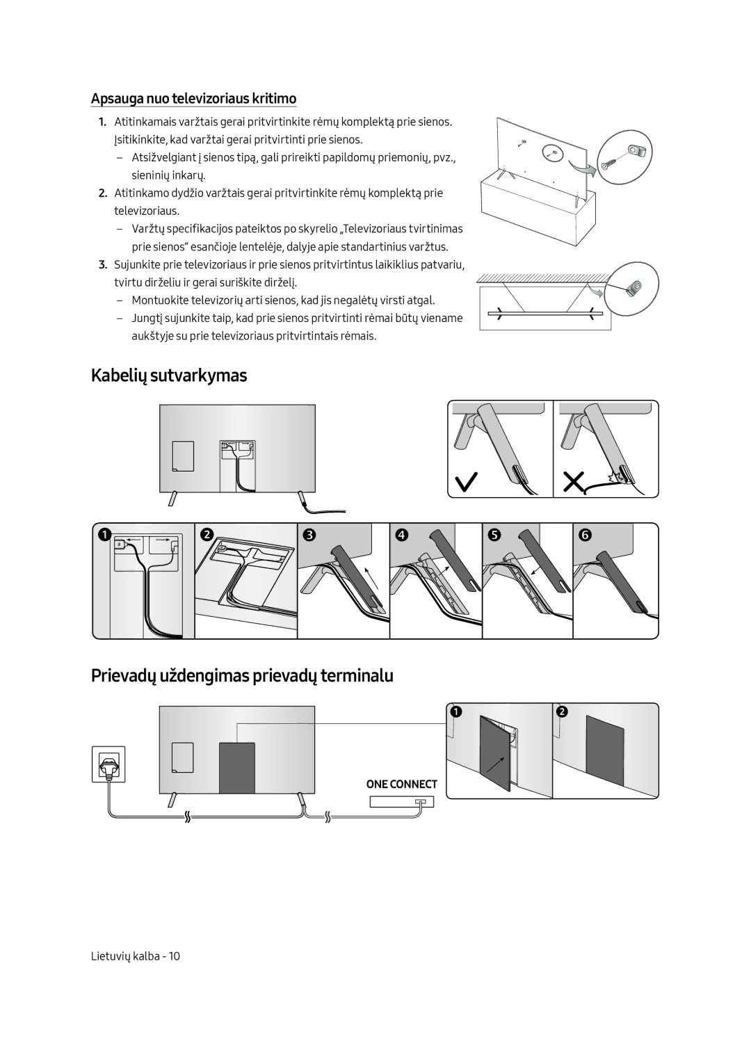 Samsung UE82MU7002TXXH manual Kabelių sutvarkymas Prievadų uždengimas prievadų terminalu, Apsauga nuo televizoriaus kritimo 