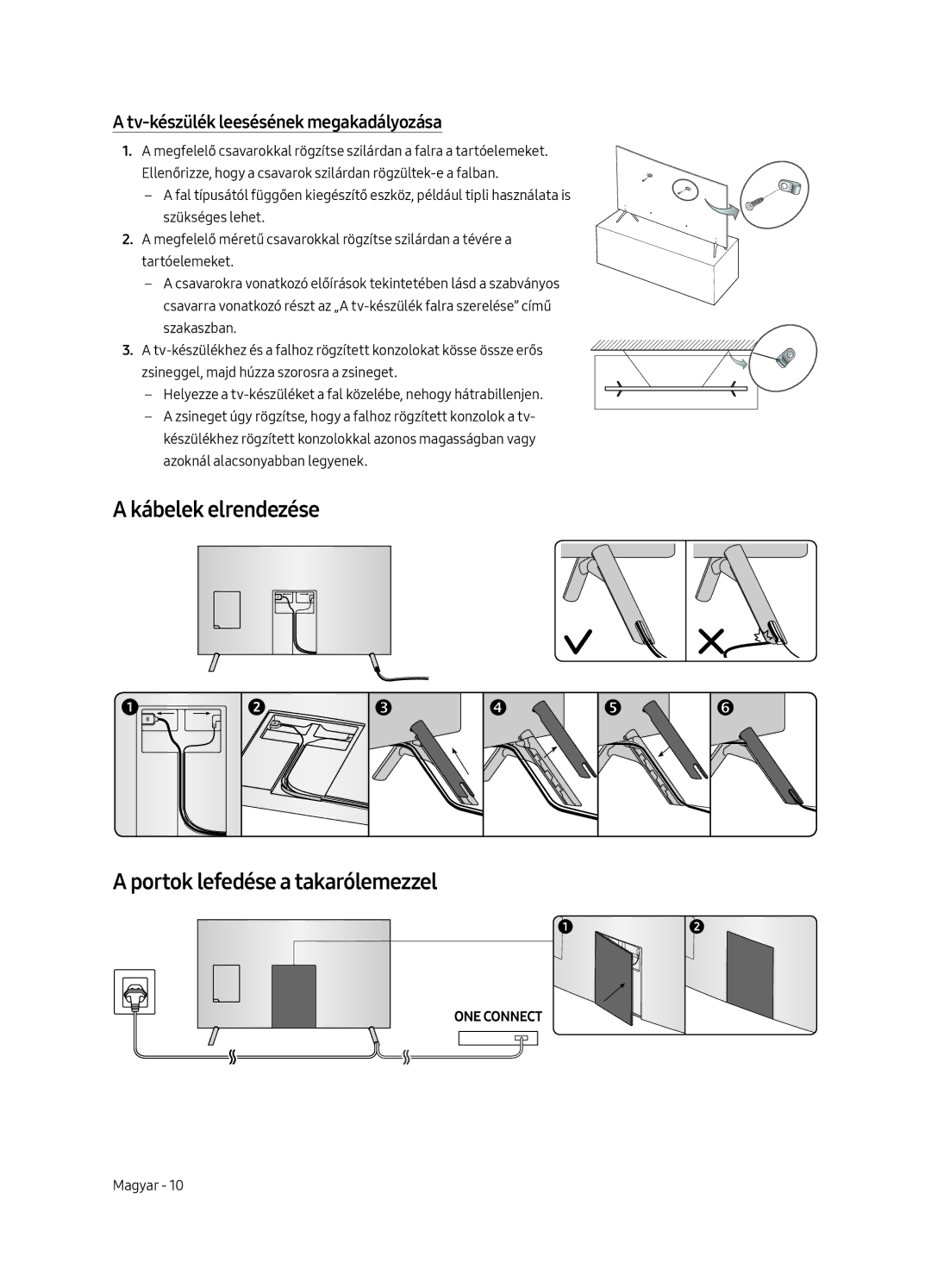 Samsung UE49MU7002TXXH manual Kábelek elrendezése Portok lefedése a takarólemezzel, Tv-készülék leesésének megakadályozása 