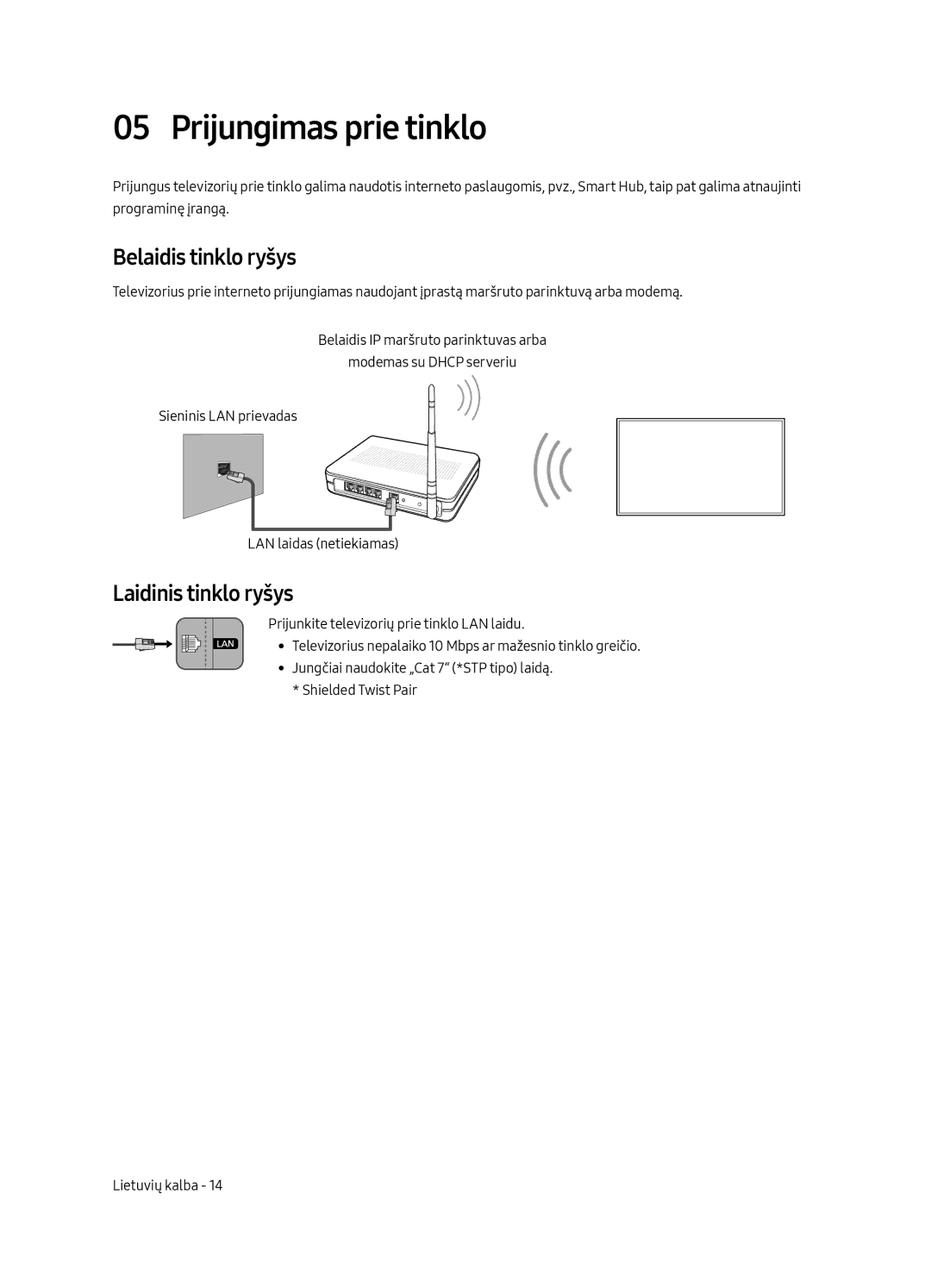 Samsung UE49MU7002TXXH, UE55MU7002TXXH manual Prijungimas prie tinklo, Belaidis tinklo ryšys, Laidinis tinklo ryšys 