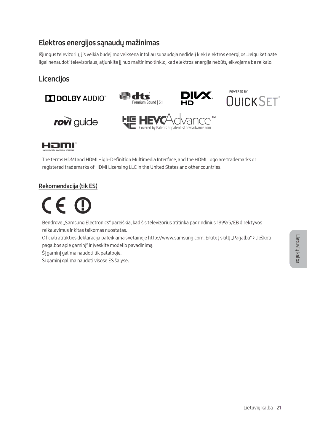 Samsung UE65MU7002TXXH, UE55MU7002TXXH manual Elektros energijos sąnaudų mažinimas, Licencijos, Rekomendacija tik ES 