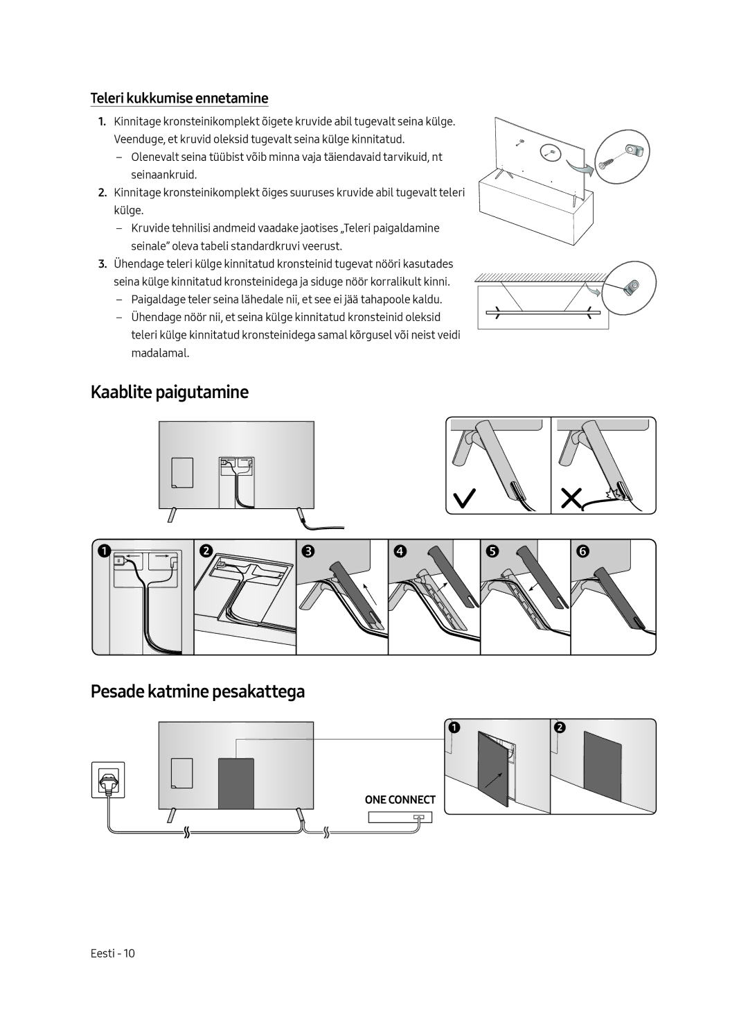 Samsung UE55MU7002TXXH, UE75MU7002TXXH manual Kaablite paigutamine Pesade katmine pesakattega, Teleri kukkumise ennetamine 