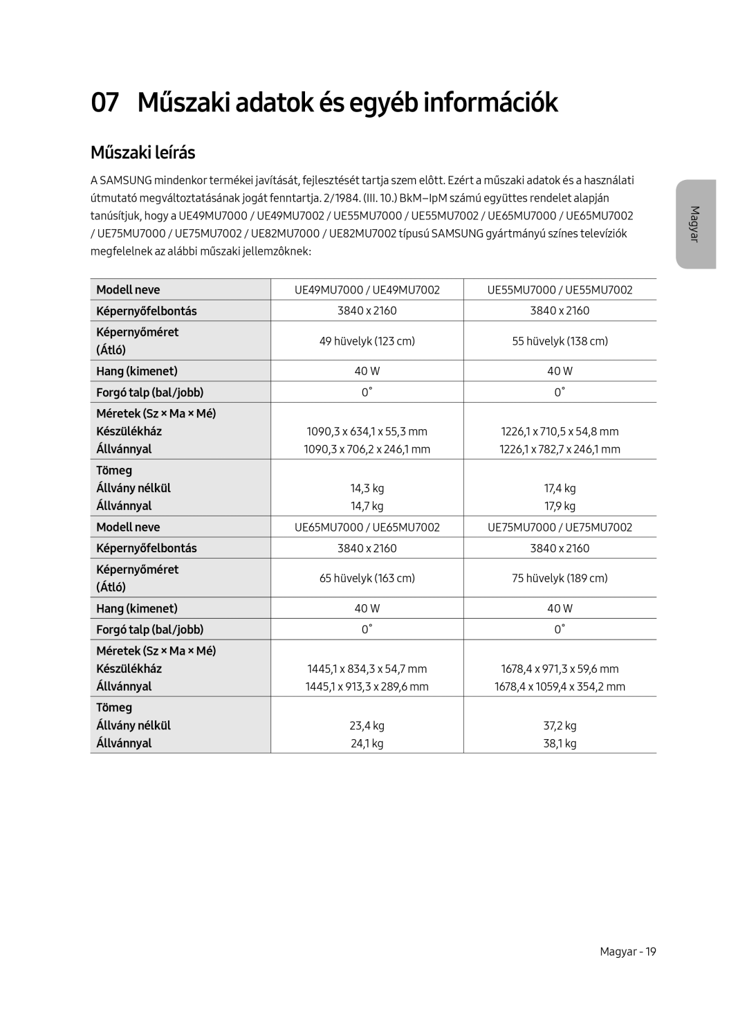 Samsung UE75MU7002TXXH, UE55MU7002TXXH, UE49MU7002TXXH manual 07 Műszaki adatok és egyéb információk, Műszaki leírás 