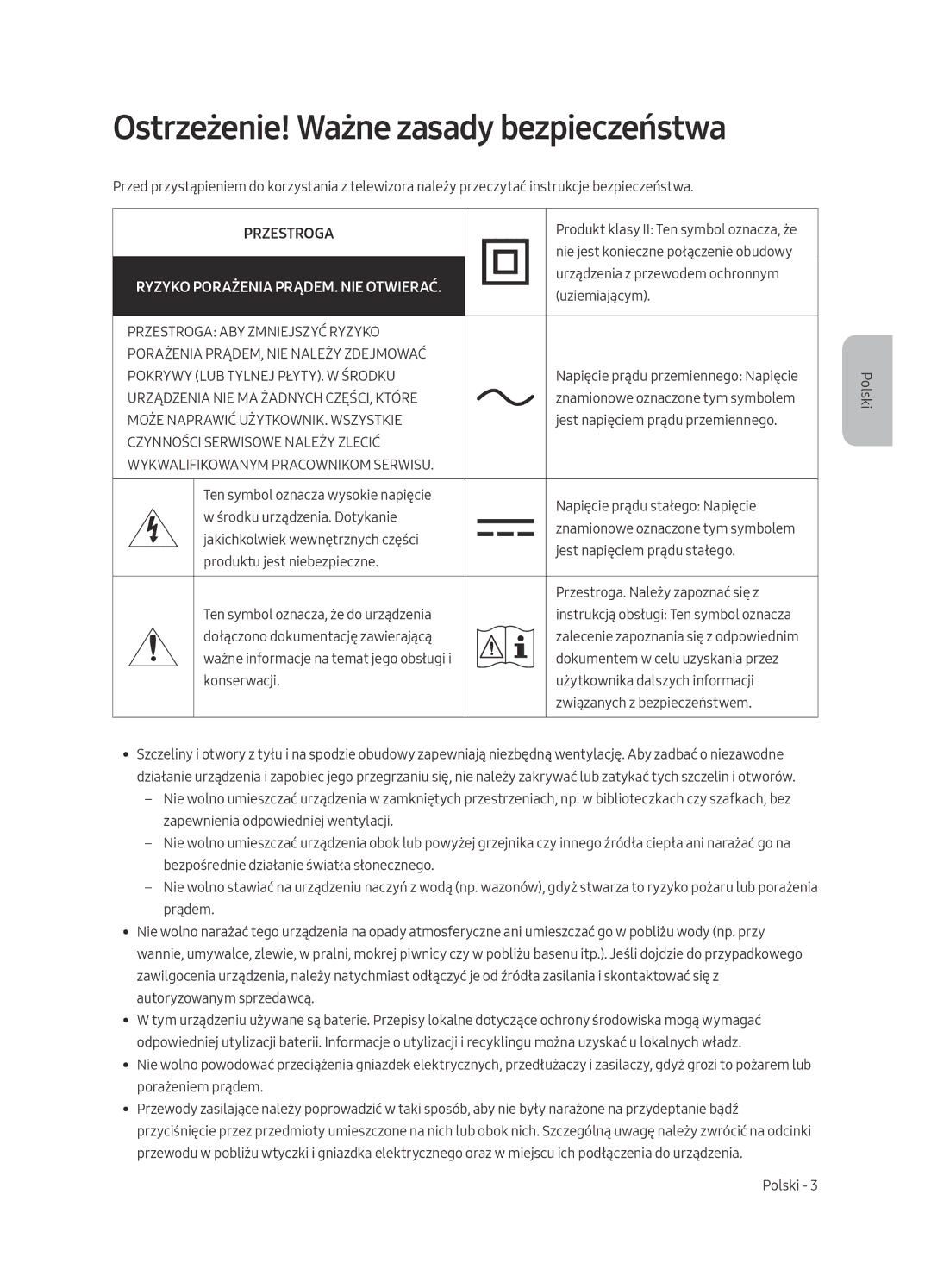 Samsung UE49MU7002TXXH, UE55MU7002TXXH, UE75MU7002TXXH, UE82MU7002TXXH Ostrzeżenie! Ważne zasady bezpieczeństwa, Przestroga 