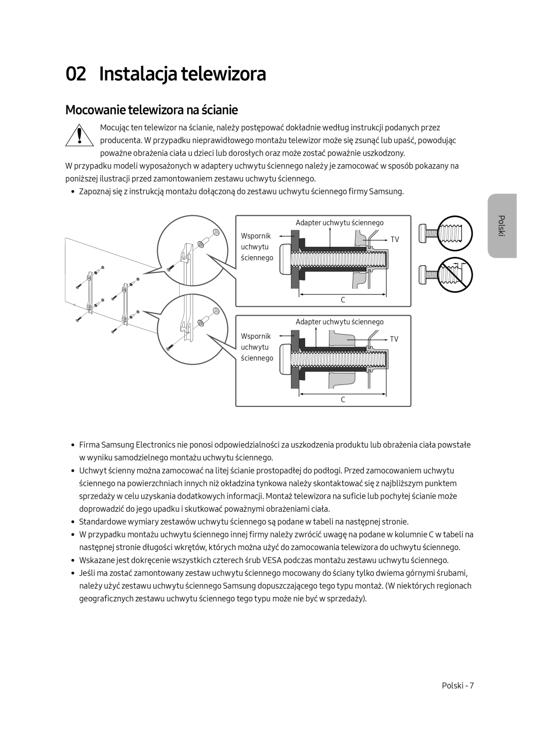 Samsung UE75MU7002TXXH, UE55MU7002TXXH, UE49MU7002TXXH manual Instalacja telewizora, Mocowanie telewizora na ścianie 