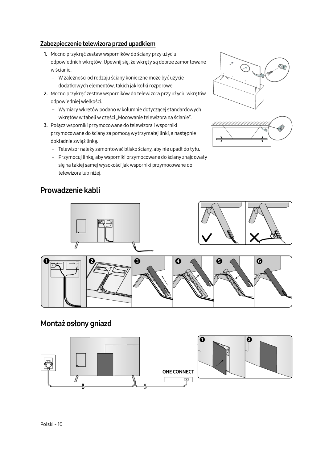 Samsung UE65MU7002TXXH, UE55MU7002TXXH Prowadzenie kabli Montaż osłony gniazd, Zabezpieczenie telewizora przed upadkiem 