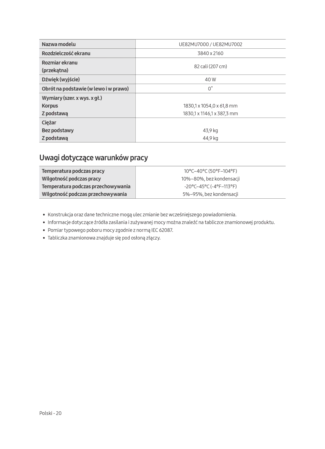 Samsung UE65MU7002TXXH, UE55MU7002TXXH, UE75MU7002TXXH manual Uwagi dotyczące warunków pracy, UE82MU7000 / UE82MU7002 