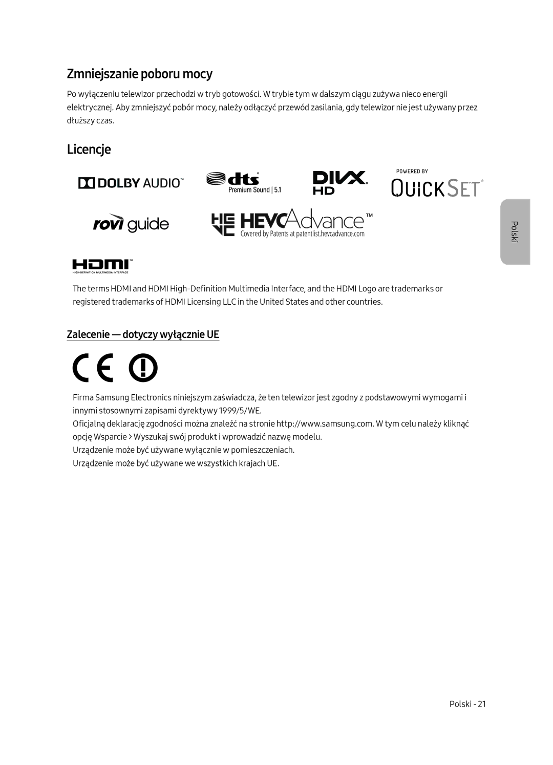 Samsung UE55MU7002TXXH, UE75MU7002TXXH, UE49MU7002TXXH Zmniejszanie poboru mocy, Licencje, Zalecenie dotyczy wyłącznie UE 