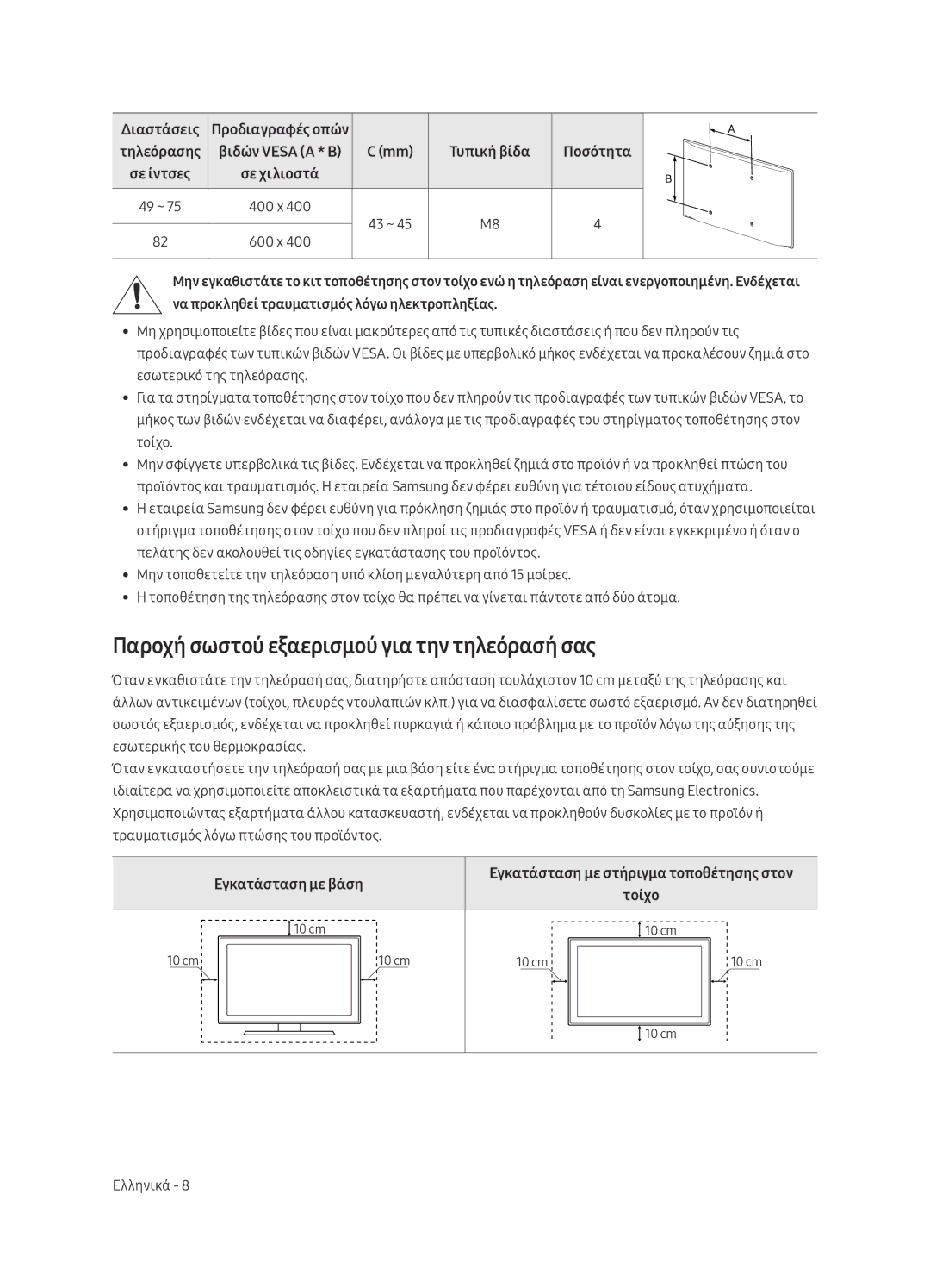 Samsung UE65MU7002TXXH, UE55MU7002TXXH Παροχή σωστού εξαερισμού για την τηλεόρασή σας, Διαστάσεις, Εγκατάσταση με βάση 