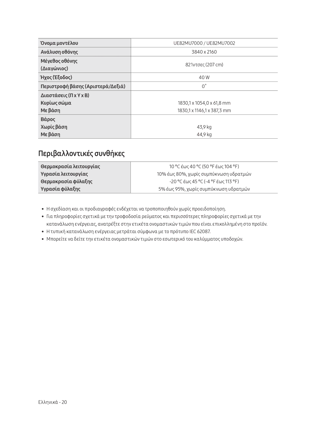 Samsung UE75MU7002TXXH, UE55MU7002TXXH, UE49MU7002TXXH, UE82MU7002TXXH Περιβαλλοντικές συνθήκες, UE82MU7000 / UE82MU7002 